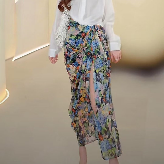 Printed pleated slit anti-exposure A-line skirt