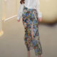 Printed pleated slit anti-exposure A-line skirt