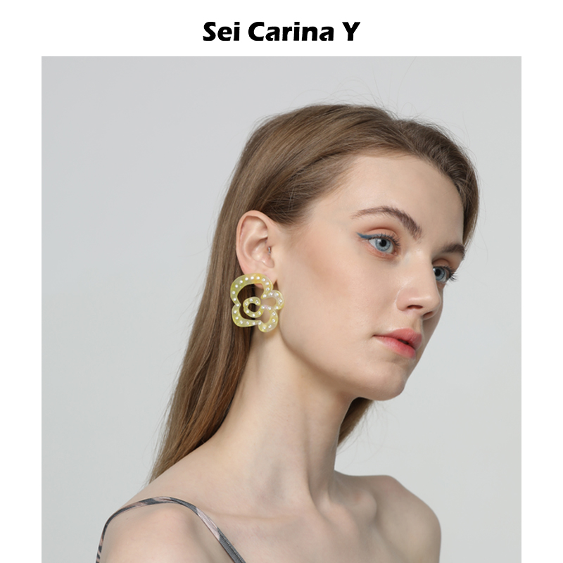 【折】Sei Carina Y花朵烫钻醋酸耳环 时尚百搭甜美可爱耳饰女 - 图1