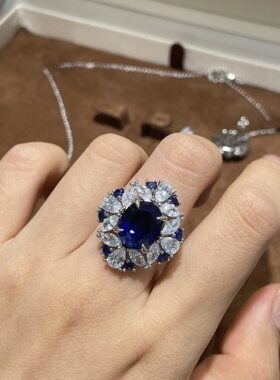 S925纯银奢华培育皇家蓝宝石蛋形耳环吊坠戒指女小清新彩宝套装
