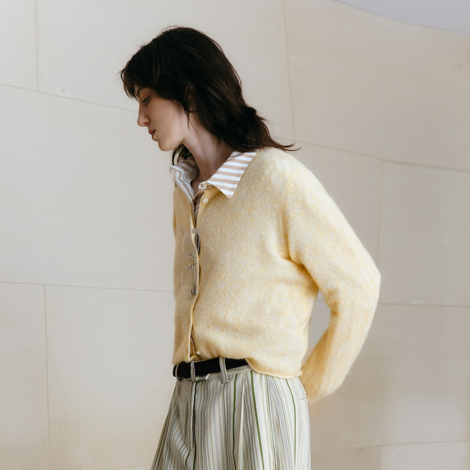 wana try天丝条纹微肌理感衬衫女2025早秋新款卡其色极简长袖上衣