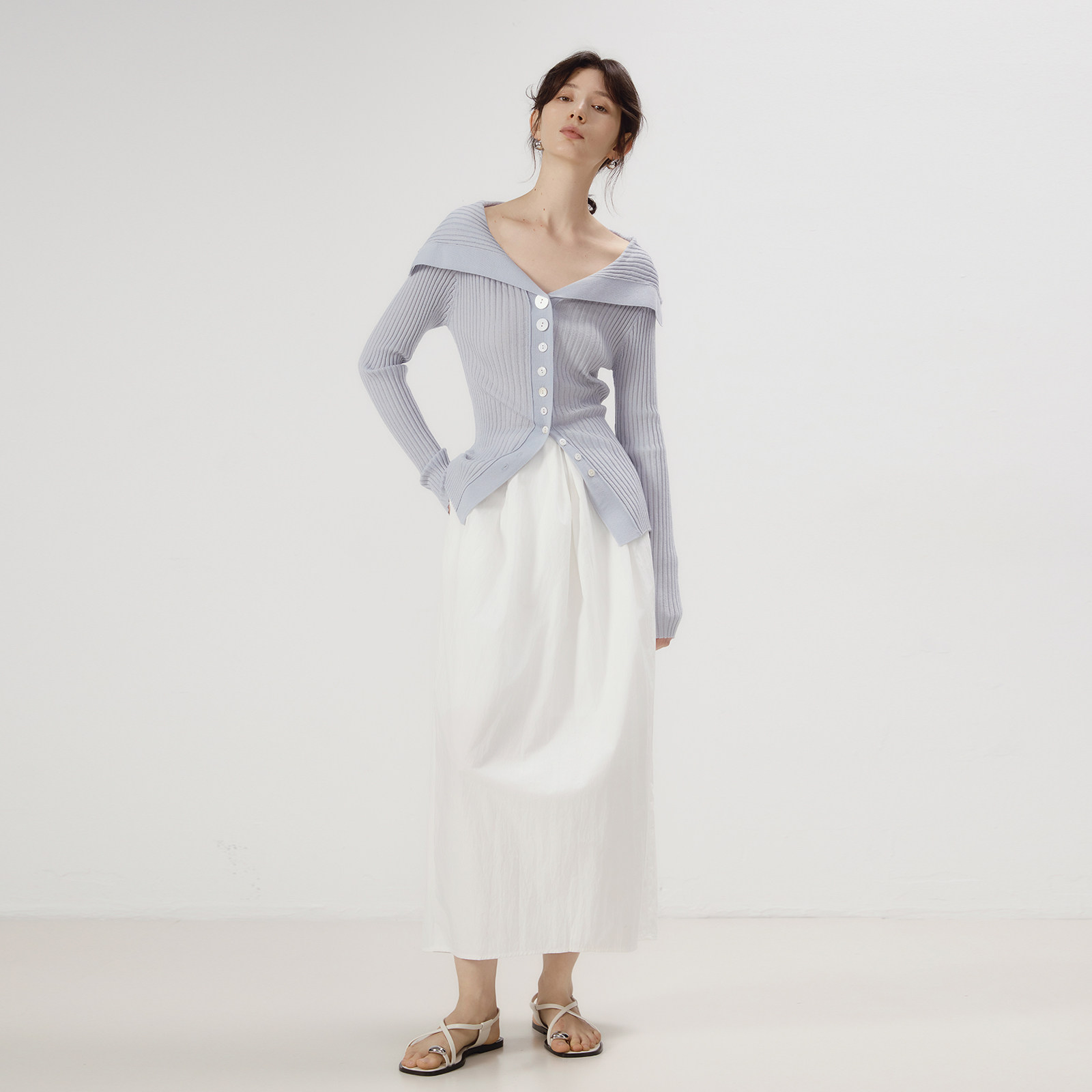 【明星同款】wana try绵羊毛翻领薄款针织衫显瘦慵懒新款打底衫女 - 图0