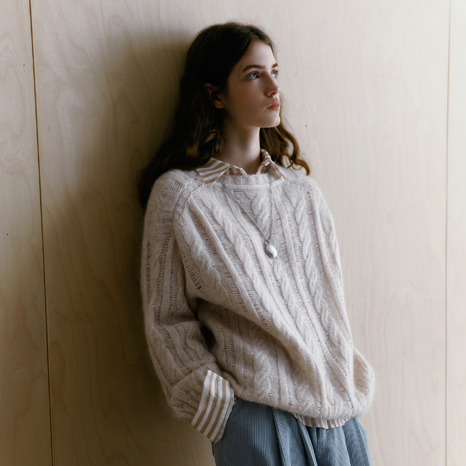 wana try天丝条纹微肌理感衬衫女2025早秋新款卡其色极简长袖上衣