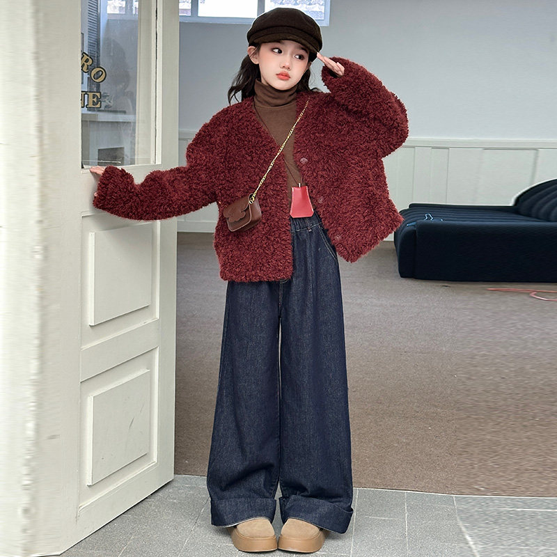 女童皮毛一体毛毛衣秋冬装2026新款儿童中大童打底衫牛仔裤三件套,淘宝优惠券,粉丝福利购,淘宝优惠卷