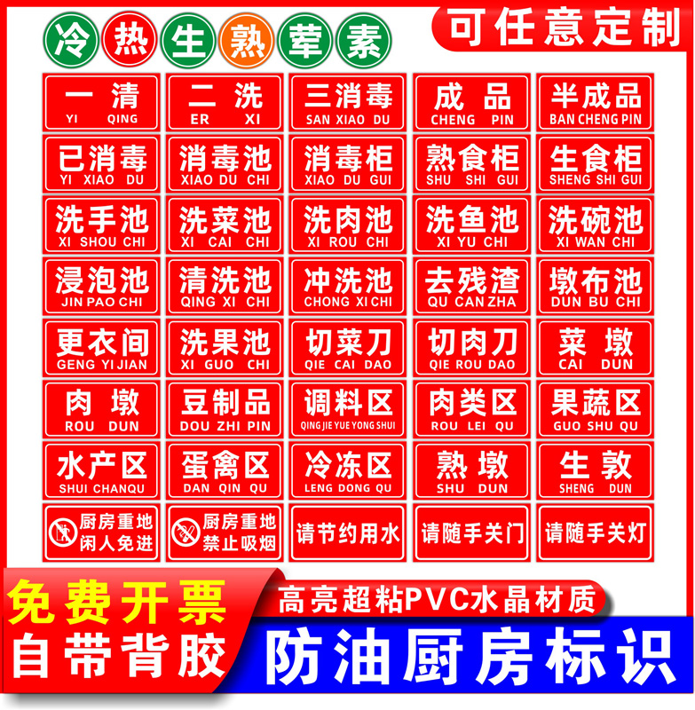 一清二洗三消毒标识厨房标识牌清洗池洗碗池标签生熟分区标牌贴酒店成品半成品熟食柜消毒池分区牌提示牌定制 - 图0