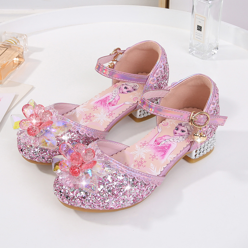 爱莎公主鞋女童凉鞋时尚水晶花鞋子2025年夏季新款儿童包头高跟鞋 - 图1
