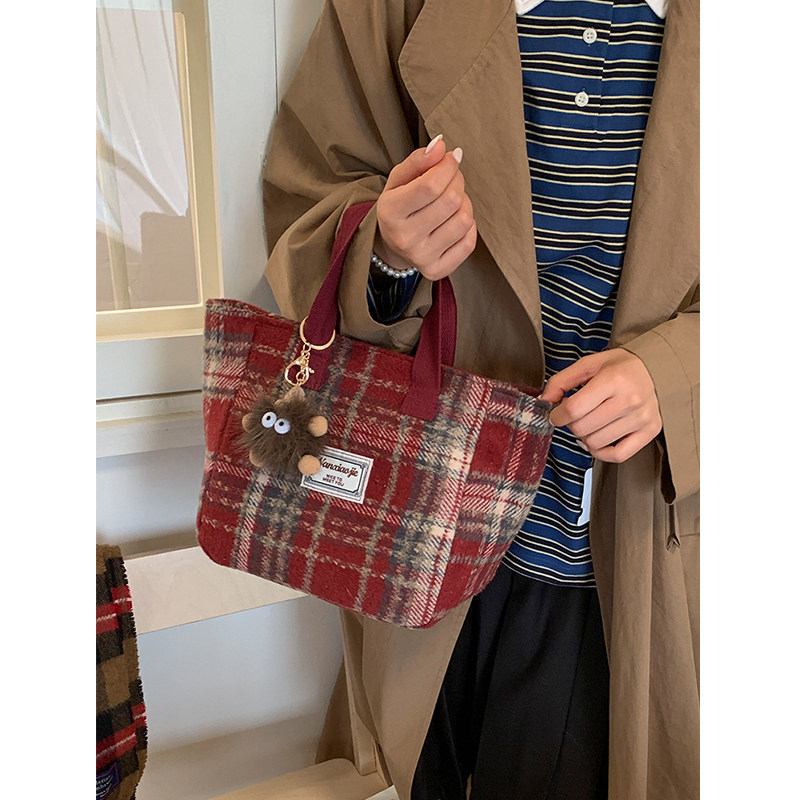 网红ins复古格纹毛呢托特包女大容量通勤手提包大学生单肩手拎包,淘宝优惠券,粉丝福利购,淘宝优惠卷
