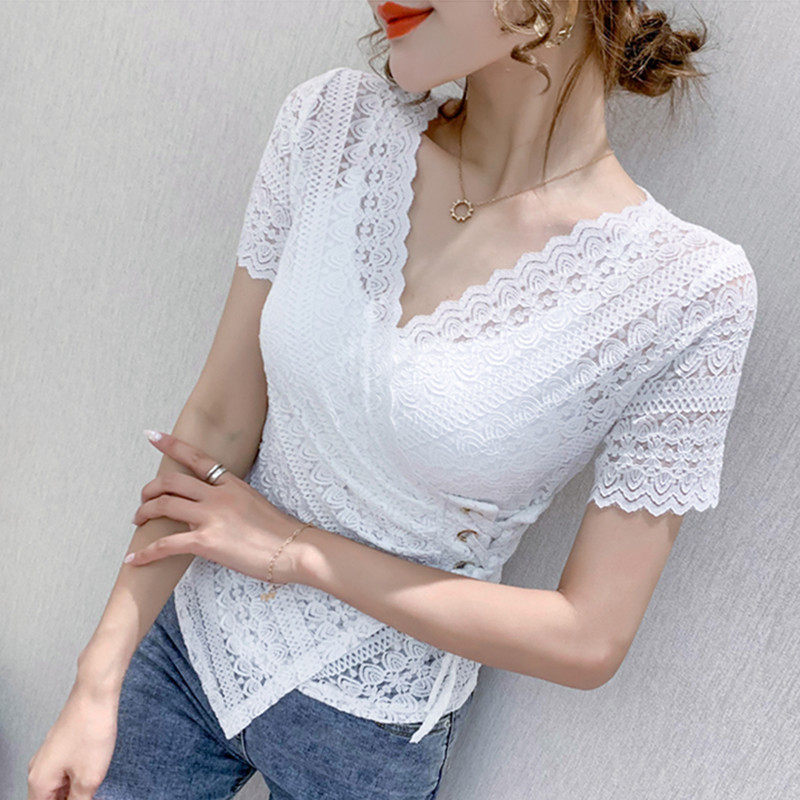 蕾丝女短袖2020年夏季新款修身t恤 盾妆蕾丝衫/雪纺衫