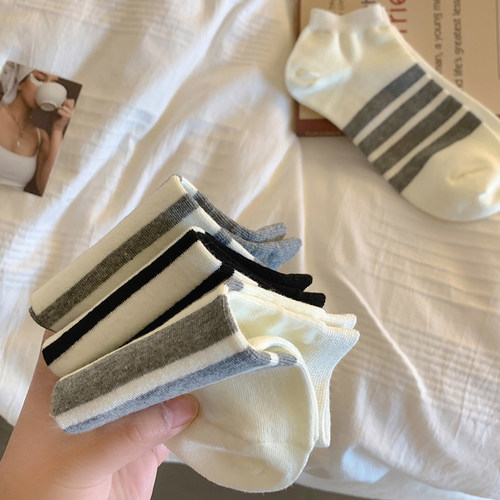 不对称条纹个性袜子女AB款短袜春秋季黑白灰经典百搭三条杠运动袜 - 图3