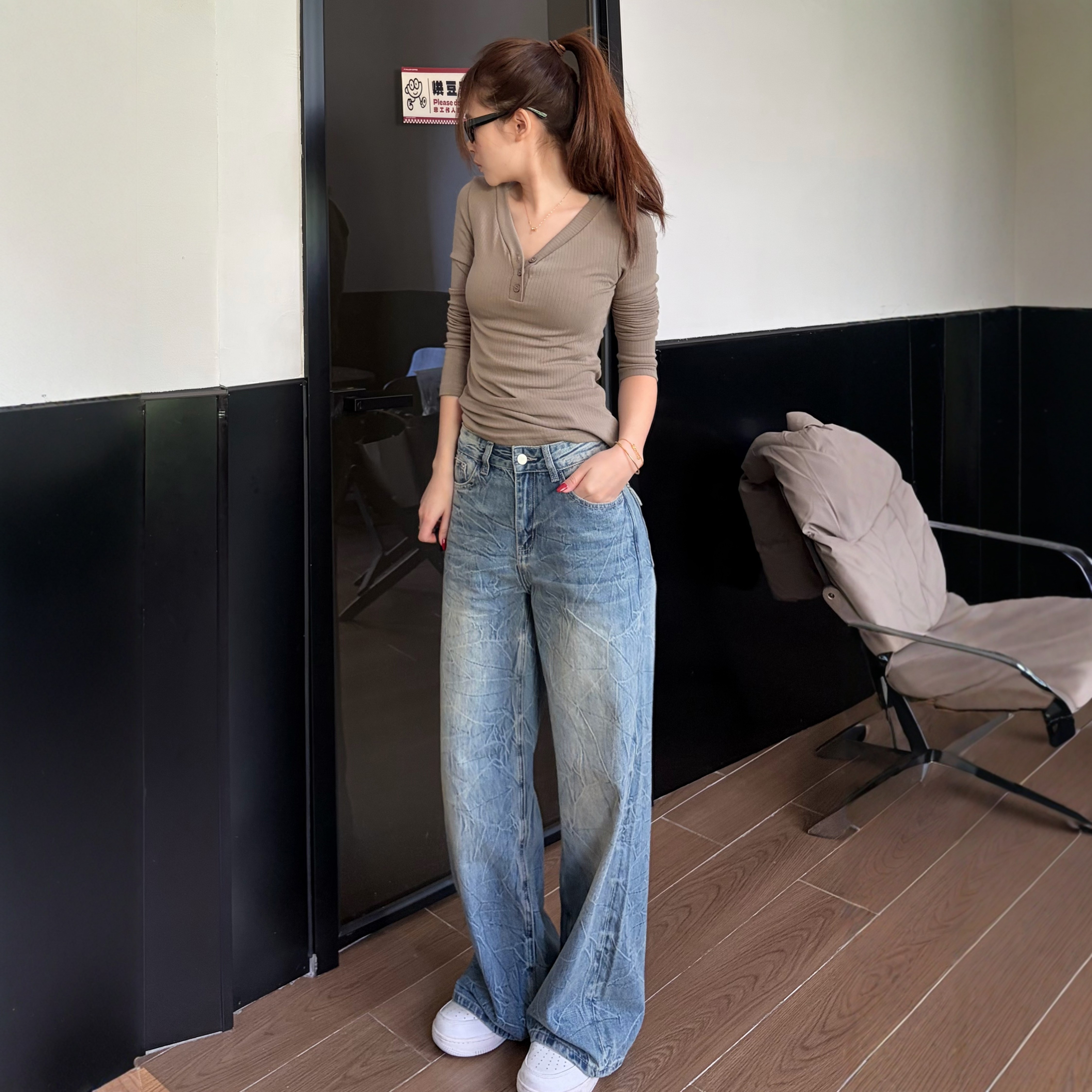 MY FAERIE绣标系列~低腰水洗宽松直筒美式复古牛仔裤女阔腿裤子,淘宝优惠券,粉丝福利购,淘宝优惠卷