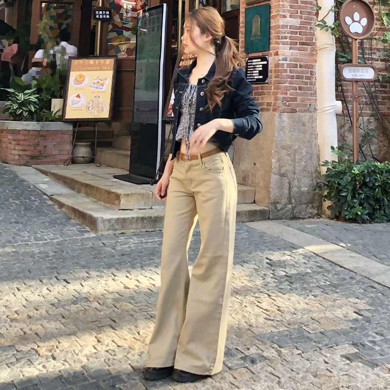 MYFC加绒复古卡其色微喇牛仔裤女秋季新款低腰显瘦不贴腿喇叭裤子 - 图2