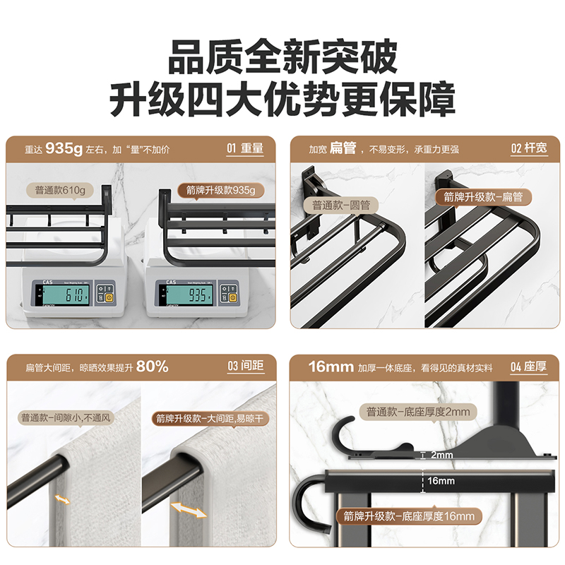 箭牌毛巾架浴巾架浴室卫生间免打孔五金挂件套装太空铝卫浴置物架