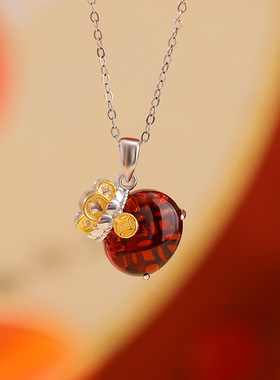 正品保真S990足银镀金血珀复古钱币福袋吊坠个性铜钱百搭钱袋挂坠