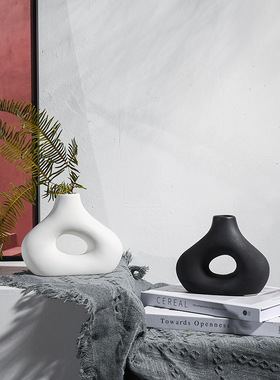 北欧简约陶瓷花瓶黑白色素雅创意花器干花插花装饰品摆件家居