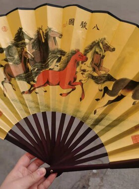 8m910寸绢布扇子八骏图马到成功中国风系列丝绸工艺折扇印花绢扇