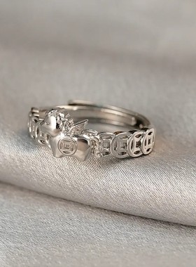 复古新中式马上有钱开口戒女轻奢本命年指环独特小众设计感食指戒