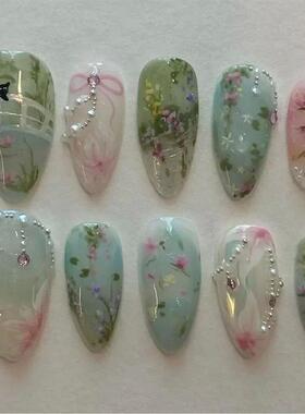 24pcs Short Almond Press on Nails 3D Flower Butterfly Fake N