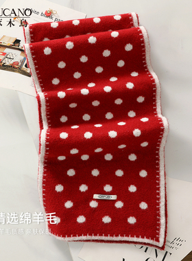 啄木鸟红白波点软糯针织红色羊毛围巾女冬季2027新款加厚保暖围脖