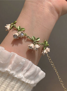 白色铃兰花耳环+手链+项链~超仙森系春季新款耳钉少女锁骨链耳夹