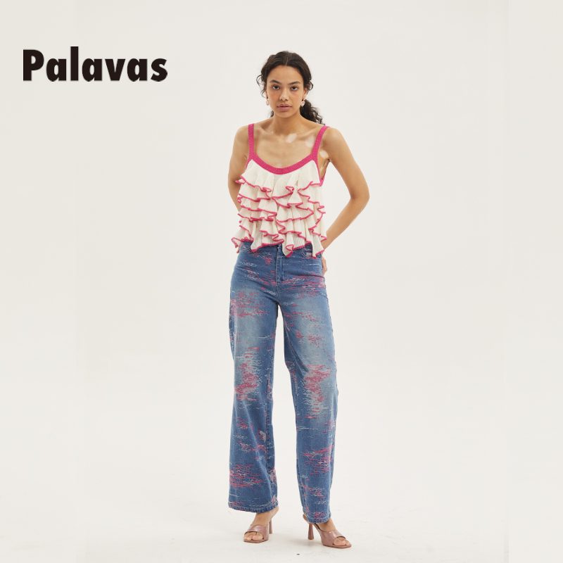 Palavas不规则印花丹宁牛仔裤深色刺绣高腰直筒裤原创设计师品牌 - 图3
