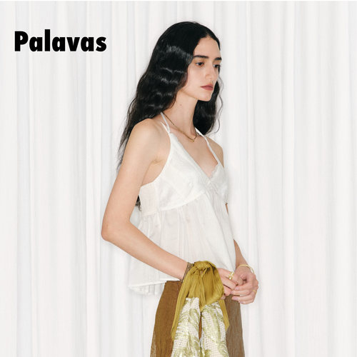 Palavas26春夏新款圣山雪盐吊带度假风白色蕾丝V领背心女宽松露背 - 图3