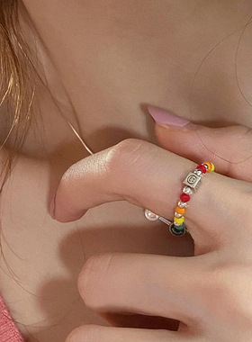法国coss koko韩国彩色串珠笑脸弹力戒指女小众设计感食指戒明星