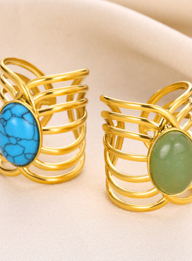 法国coss kokoins法式新款戒指太阳形状镶嵌松石/绿松石开口戒指