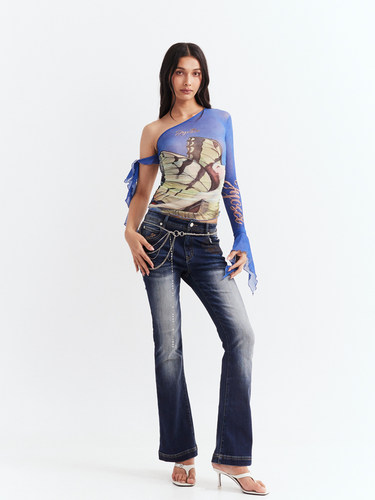 JYOSEI角色原创设计感小众y2k单肩弹力t恤女夏网纱木耳边紧身上衣 - 图0