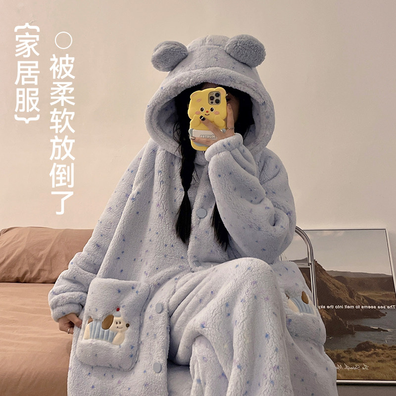 猫人睡袍女秋冬季珊瑚绒长款连帽加绒加厚法兰绒家居服套装可外穿,淘宝优惠券,粉丝福利购,淘宝优惠卷