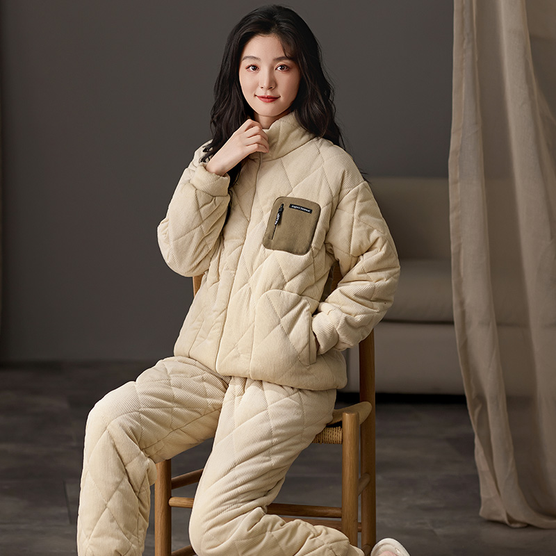 猫人睡衣女款冬季加绒加厚三层夹棉珊瑚绒秋冬款家居服套装可外穿
