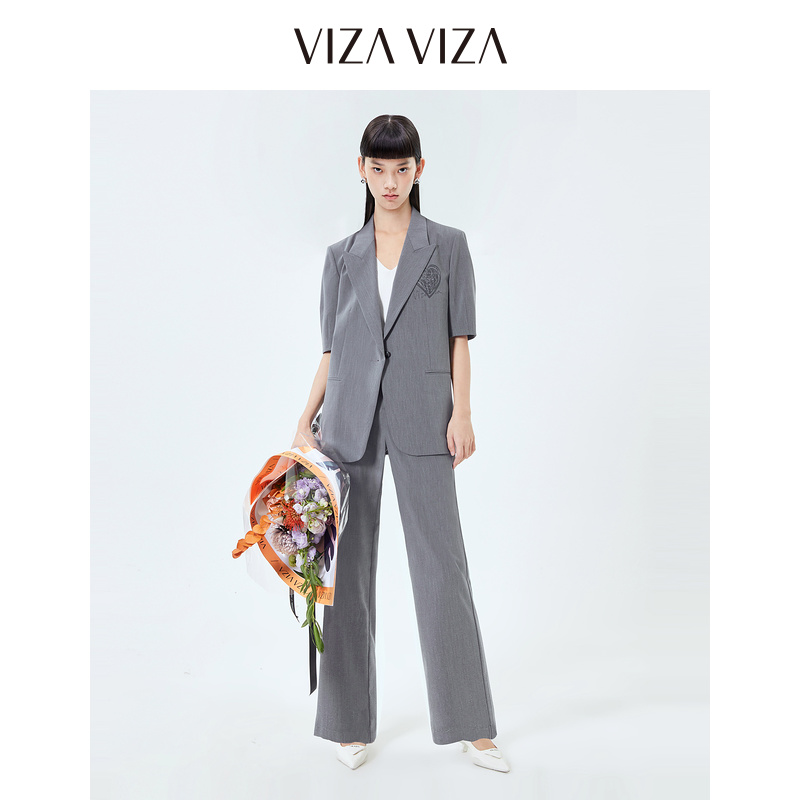 【商场同款】VIZA VIZA 2023夏季新款高腰葭灰短袖西装外套女士