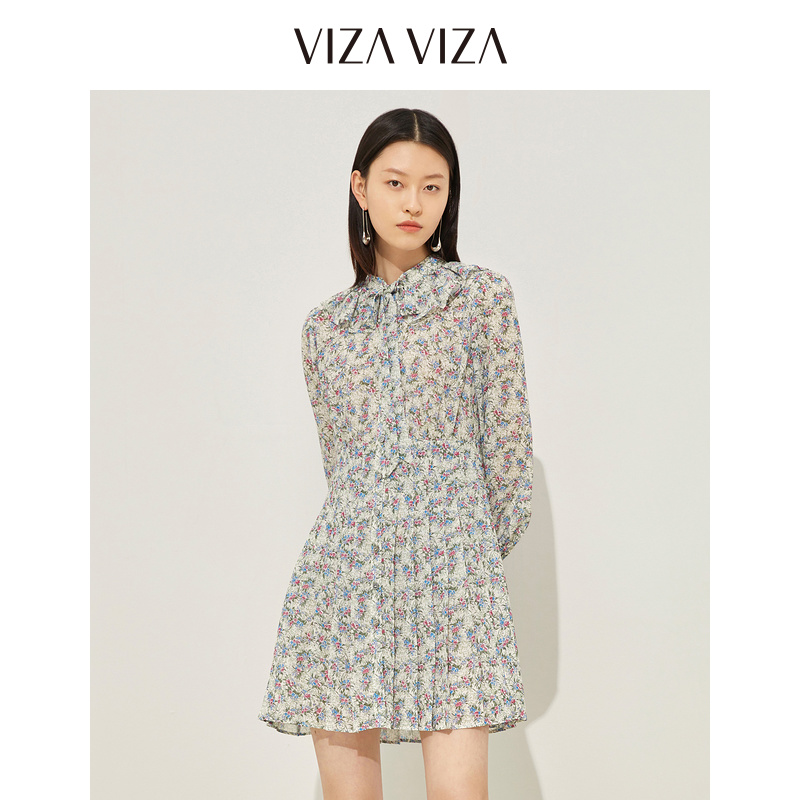 【商场同款】VIZA VIZA 春秋新款温柔女系带长袖碎花连衣裙 - 图2