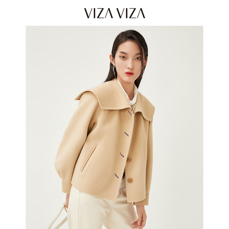 【商场同款】VIZA VIZA 冬季新款海军领双面呢羊绒大衣短款外套女