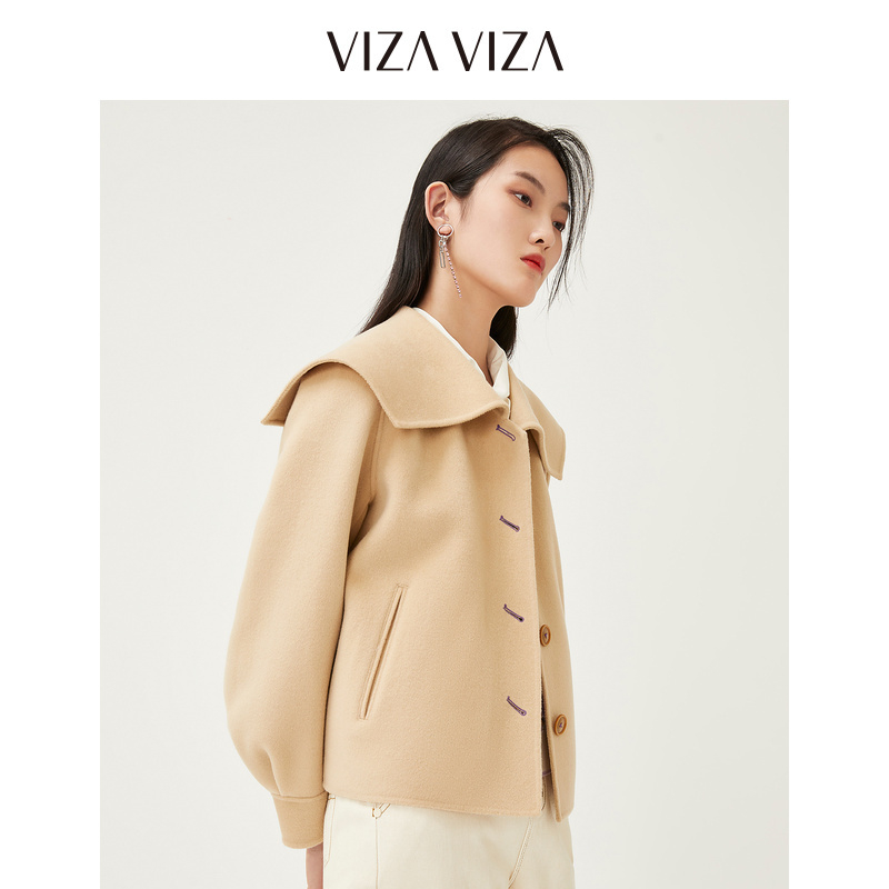 【商场同款】VIZA VIZA 冬季新款海军领双面呢羊绒大衣短款外套女