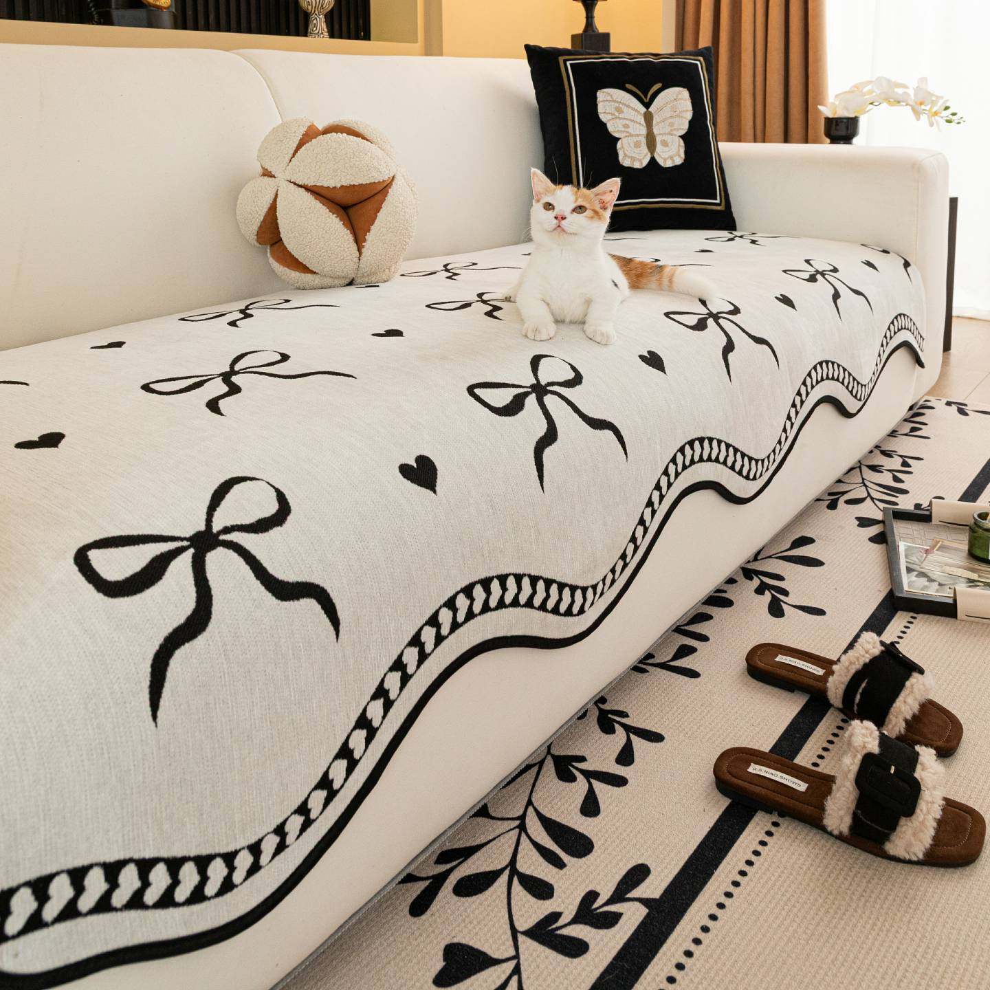 雪尼尔面料蝴蝶结沙发垫加厚四季防滑简约现代坐垫子高级感套罩巾,淘宝优惠券,粉丝福利购,淘宝优惠卷