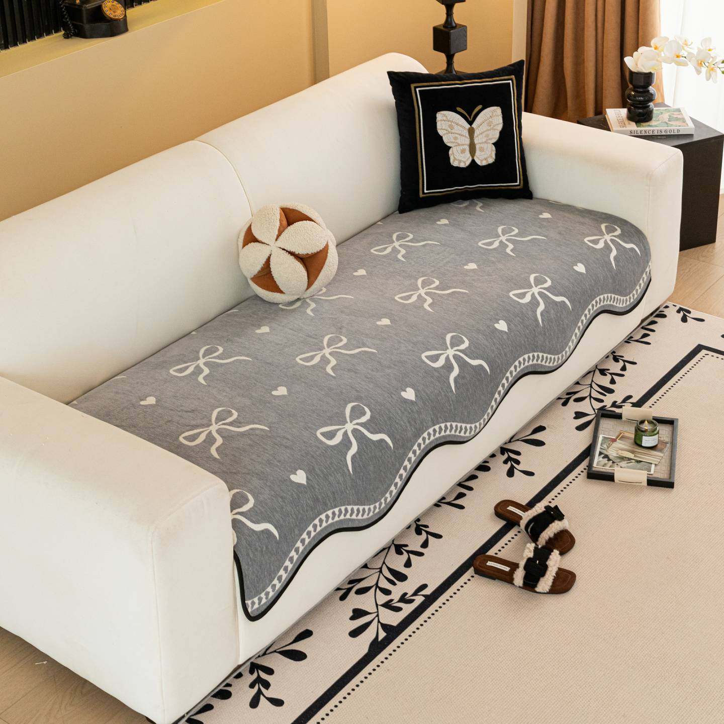 雪尼尔面料蝴蝶结沙发垫加厚四季防滑简约现代坐垫子高级感套罩巾,淘宝优惠券,粉丝福利购,淘宝优惠卷