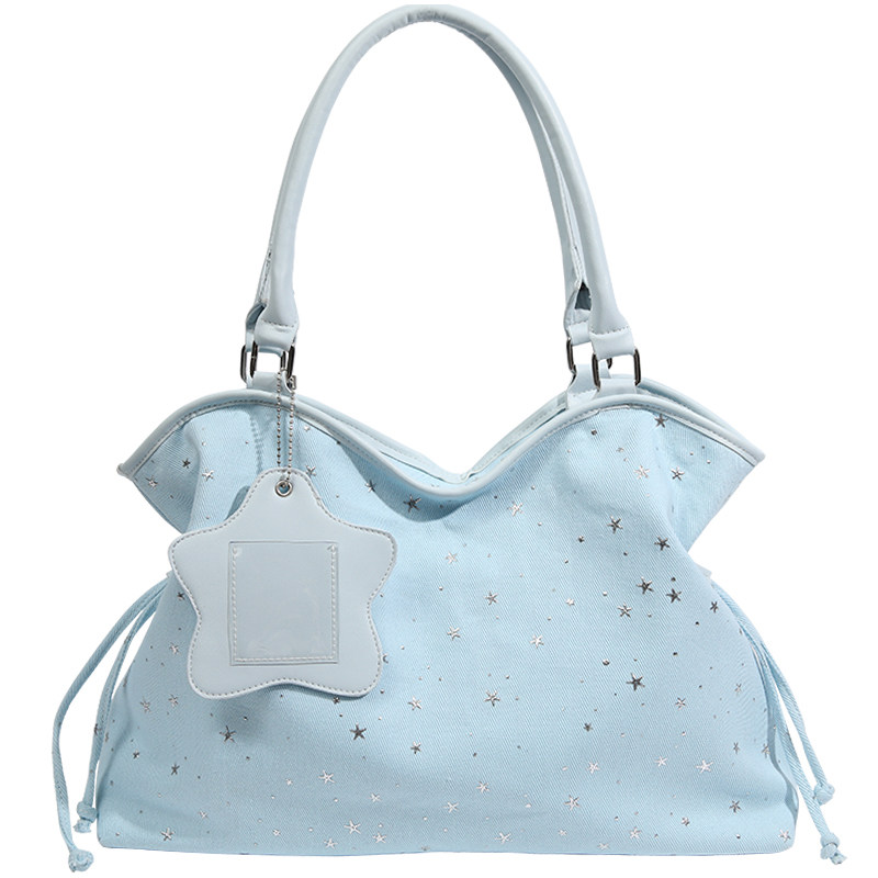 Laxmi原创小众星星印花托特包包女大容量通勤单肩包浅蓝色牛仔布,淘宝优惠券,粉丝福利购,淘宝优惠卷