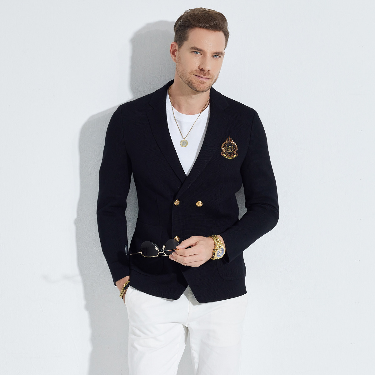 雷迪波尔男装西服2024秋冬新款贴布绣胸章针织弹力修身单西外套男,淘宝优惠券,粉丝福利购,淘宝优惠卷