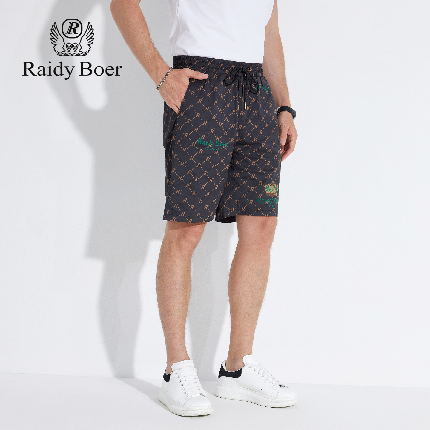 雷迪波尔男装休闲短裤2025夏季新款抽绳松紧中腰印花潮流修身短裤