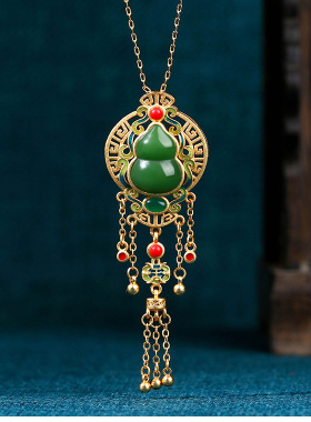 原创设计复古法保色镀金中国风福禄双全葫芦仿和田玉流苏项链汉服