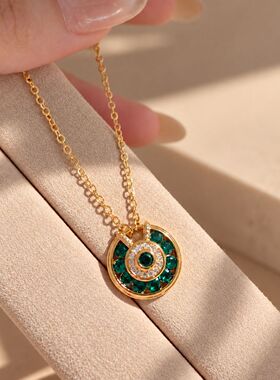vintage中古风祖母绿罗马圆盘吊坠圆环彩符幸运护符红刚玉项链女