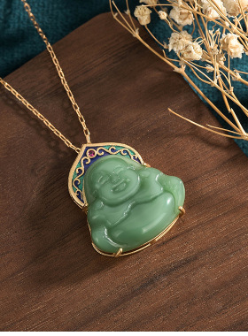 民族风仿玉石佛公吊坠镶嵌玉髓古法金工艺项链挂件网红直播货源
