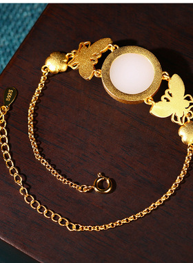 厂家国潮保色镀金镶嵌仿和田玉幸运运蝴蝶蛋面手链复古优雅手链