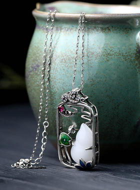 2025国潮新品配饰珐琅滴釉镀泰银复古装仿和田玉葫芦福禄挂坠项链