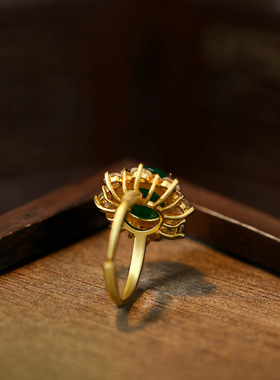 新中式复古天然帝王绿玉髓玛瑙戴妃戒指阳绿女戒玉器直播礼品货