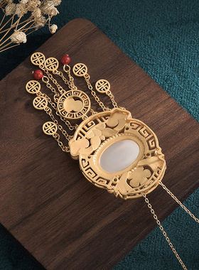 网红民族风汉服配饰复古法镀金珐琅彩绘古装旗袍和田玉流苏项链女