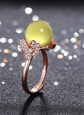 戒指女旗袍国潮风复古装加合成蓝珀天空蓝琥珀蜜蜡圆珠蝴蝶结指环