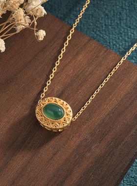 中国风旗袍古装配饰古法镀金镶嵌天然玉髓玛瑙挂坠气质女汉服项链