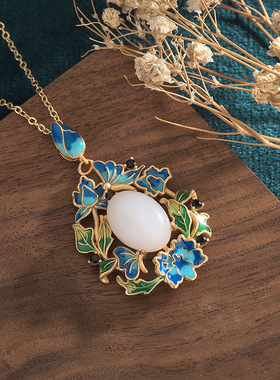 中国风古法烧蓝仿和田玉吊坠珐琅彩绘花边复古装风气质锁骨项链女