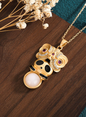 网红汉服配饰复古法镀金珐琅滴釉可爱熊猫仿和田玉吊坠气质女项链